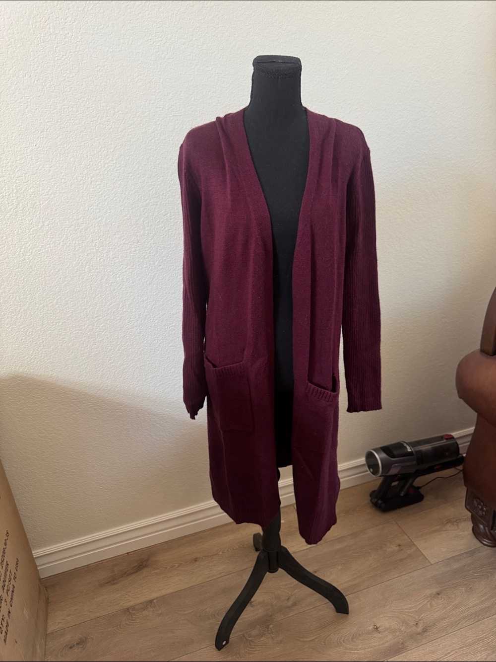 Calvin Klein Open-Front Long Cardigan - Burgundy